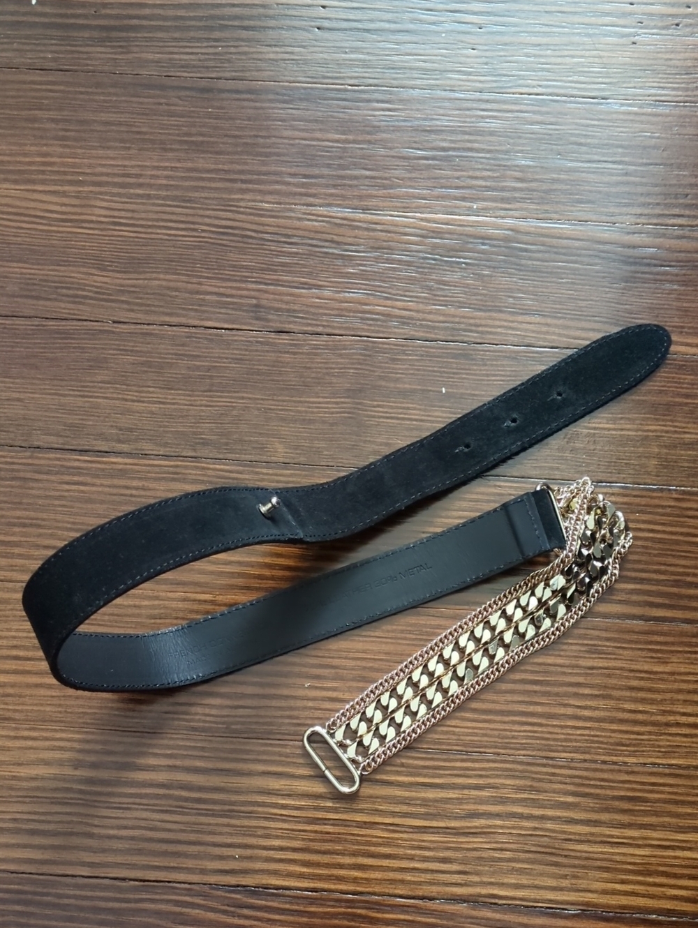 French Connection Black Suede Belt with Gold-Tone Chain Accent